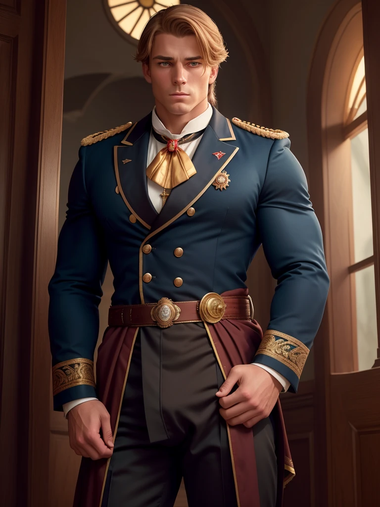 Handsome Victorian captain He fucks 18 virgin Mary Grant in the ass. The captain is 35 years old, muscular, blond, dressed in a ceremonial uniform, tight-fitting to his body and showing his muscles, buttoned up with all the buttons. His dreamy gaze is directed into the distance. The fly in the trousers is unbuttoned. Big and thick dick. He fucks 18 virgin Mary Grant in the ass