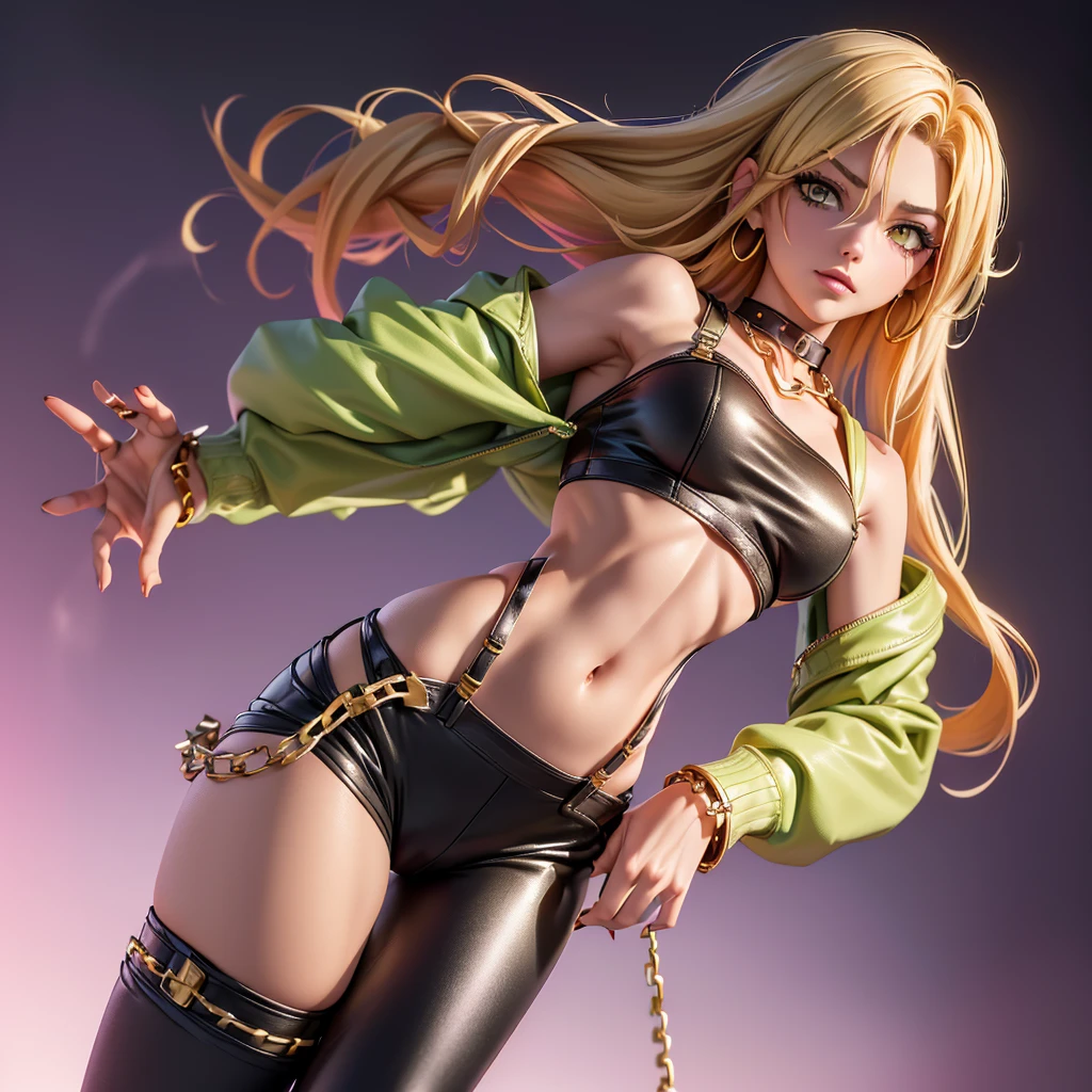 ((1 girl, standing alone , Long, messy hair, hair green, yellow  eyes, hair covering one eye, Woman, (one hand on the hip) , dynamic pose, muscular female, gold bracelets, ruby earrings)), fitness, ((standing alone)), (pink lipstick), extremely detaild, soft ambient lighting, 4K, perfects eyes, a perfect face, perfect lighting), ((metalhead Woman, Punk Girl, rocker Woman, gazing at viewer, ((pink micro blouse with chains and sensual neckline)),20 year (((well-defined medium breasts))) pretentious smile, mine Open black leather jacket with points and long sleeves with the shoulders showing, open tummy, latex pants marking her small pussy swollen with lust, well designed and well defined,  chains on clothes, suspender style chain belt, high qualiy, 4K, High definition, bom detalhe, medium bust, rocker,))
