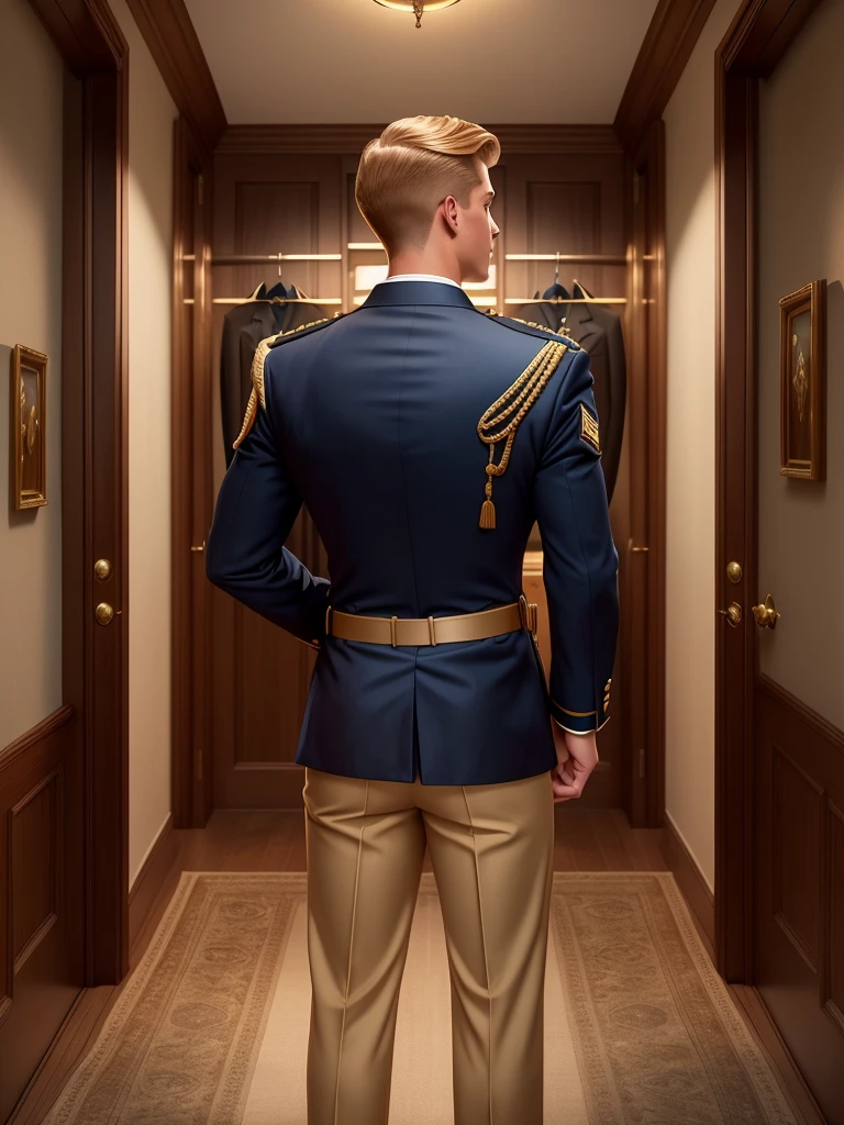 Leyendecker style illustration : A handsome blond guy, 17 years old, looks at the ceremonial officer's uniform of a "Navy Seal" with awards, which hangs on a suit hanger standing on the floor, and engages in masturbation. Watching him from behind is a naked, blond, muscular Navy SEAL officer, 35 years old, handsome and arrogant. The officer has a big dick, an erection, and a boner.