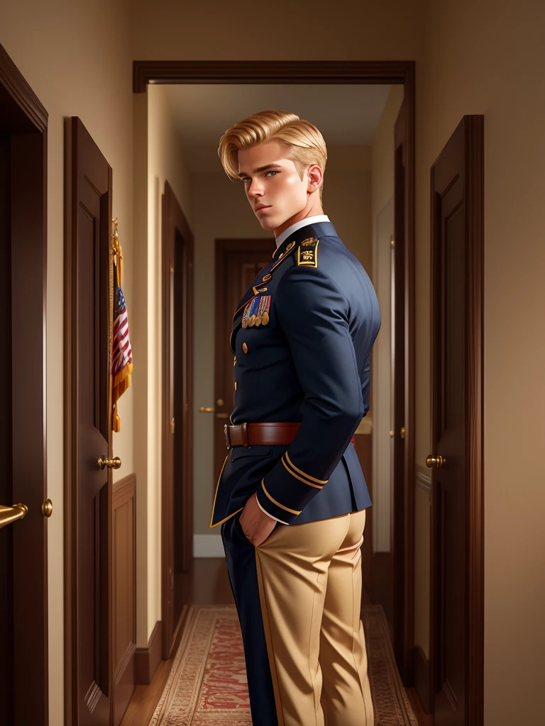 Leyendecker style illustration : A handsome blond guy, 17 years old, looks at the ceremonial officer's uniform of a "Navy Seal" with awards, which hangs on a suit hanger standing on the floor, and engages in masturbation. Watching him from behind is a naked, blond, muscular Navy SEAL officer, 35 years old, handsome and arrogant. The officer has a big dick, an erection, and a boner.