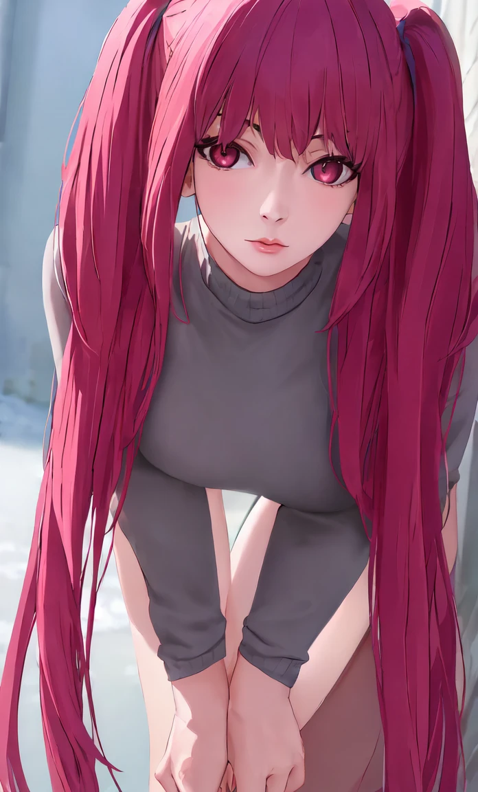((masterpiece)), (best quality), (detailed), realistic image, 1girl,
looking at viewer,  (lipstick:0.75), leaning forward,
long pink hair, twintails,
colorful thighighs,
winter, vivid colors,
 