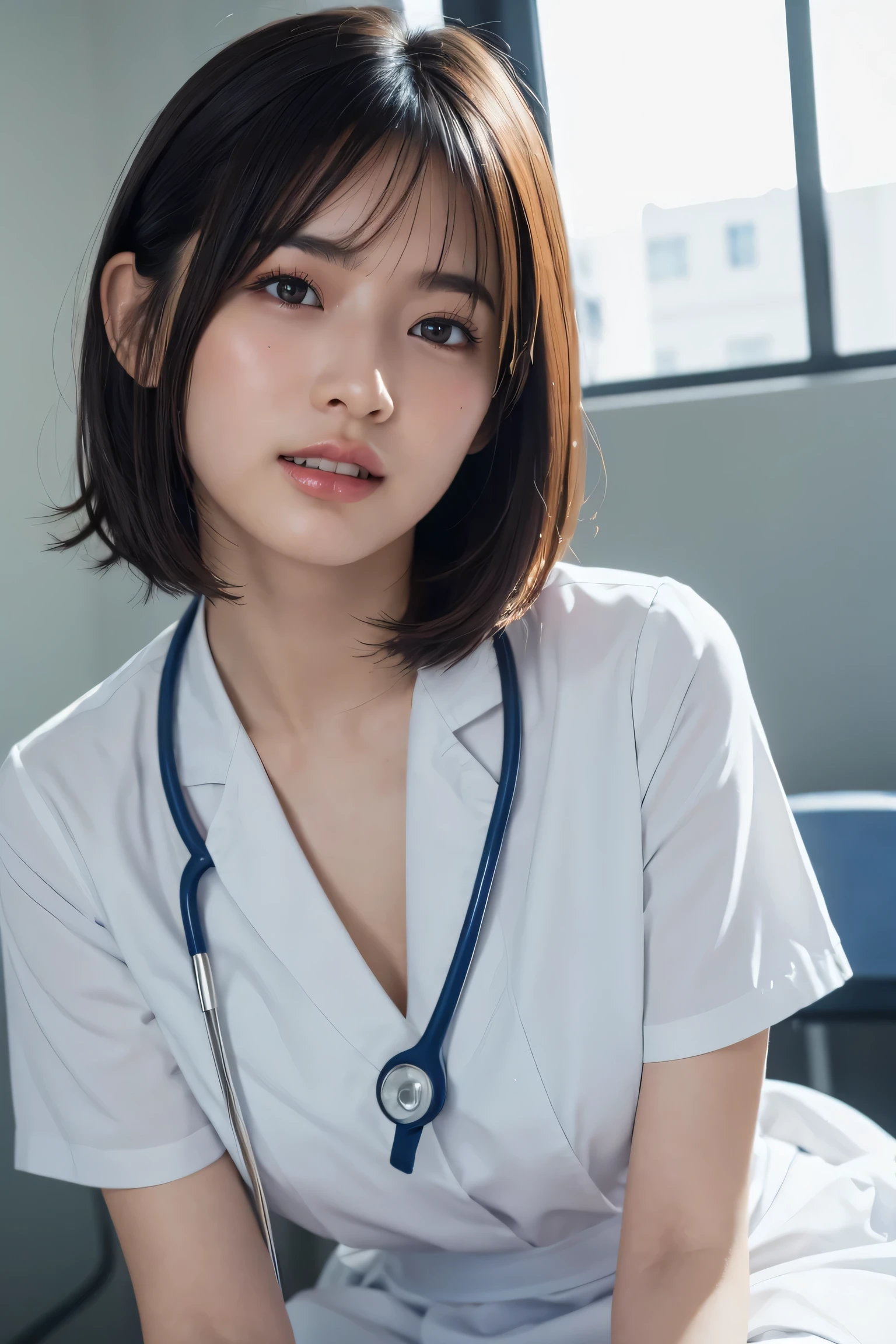 1 Girl,(Wearing white nurse clothes:1.2),(RAW Photos, Highest quality), (Realistic, photo-Realistic:1.4), masterpiece, Very delicate and beautiful, Very detailed, 2k wallpaper, wonderful, finely, Very detailed CG unity 8k wallpaper, Very detailedな, High resolution, Soft Light, Beautiful detailed girl, Very detailed eyes and face, Beautiful and detailed nose, finely beautiful eyes, nurse, Perfect Anatomy, Black Hair, Upstyle, nurse uniform,  Long skirt, nurse, White costume, thin, hospital, clear, White Uniform, hospital room, Neck auscultation,Bobcut、Flip up the skirt、20th Generation、smile、手でペニスをGiving a blowjob、Giving a blowjob、もっとGiving a blowjob、もっとGiving a blowjob