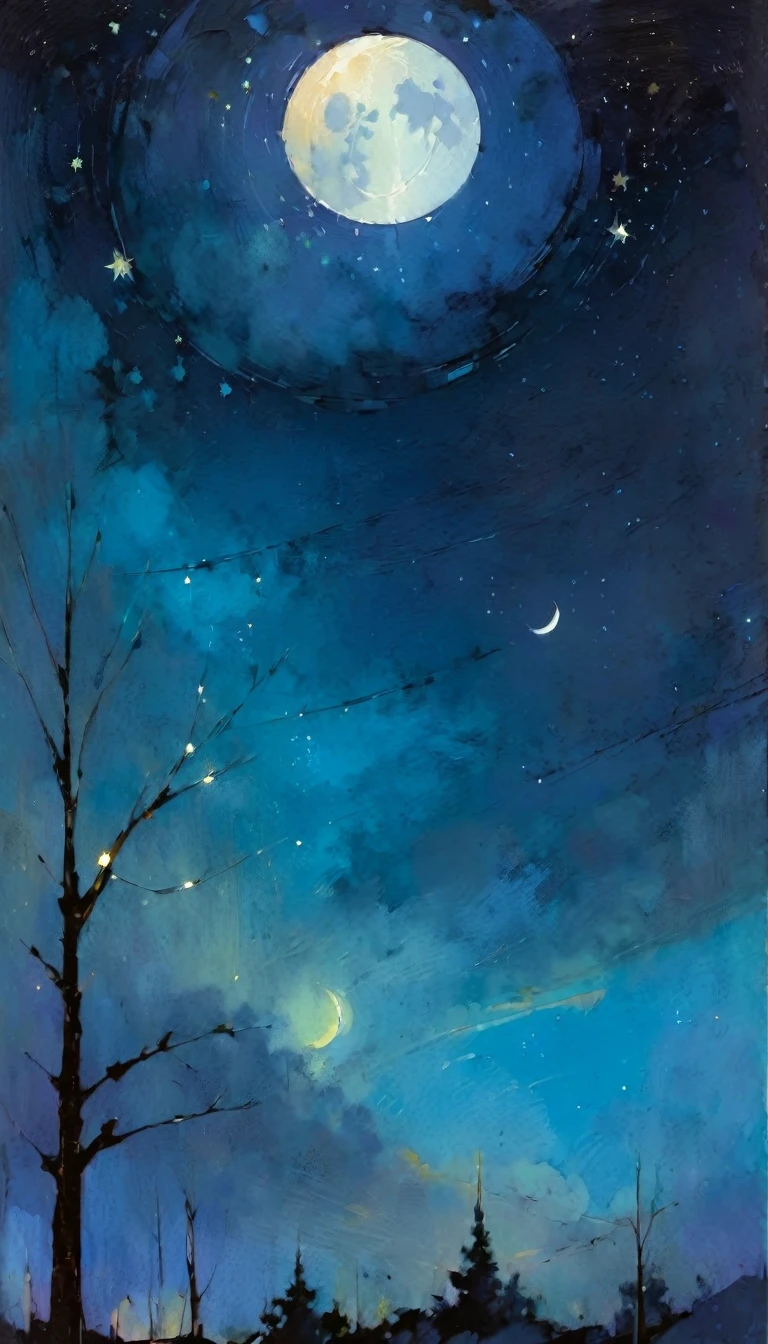 magia, fantástico, cielo nocturno, luna, estrellas, fondo, (pintura al óleo sencilla al estilo de Bill Sienkiewicz)
