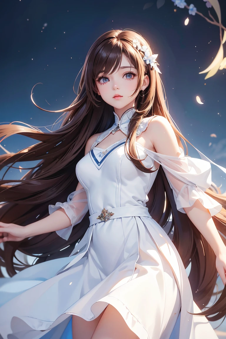 Masterpiece, Best quality, 1 Female, Woman, Elder Sister, young girl, brown eyes, long hair, smoky mix brown color hair, resolute eyes, white and blue dress, long white eardrop, morden, frontal photo, blank background, remove background, anime, illustration