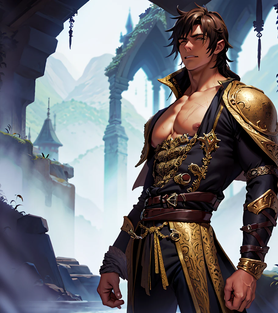 (((Single character image.))) (((1boy))) (((Luxurious hair and sexy smirk.))) (((18 years old.))) (((18yo.))) (((Dressed in medieval fantasy attire with pirate themes.))) (((Great abs.  Great pecs.  Great crotch.))) (((Dressed in medieval fantasy attire.))) (((Intense, sexy stare.))) (((Beautiful shoulder length dark hair.))) Gorgeous male character with a body that women lust for.  (((Strong sexual appeal.))) Looks like a fun-loving and heroic male adventurer for Dungeons & Dragons. Looks like a very attractive male adventurer for a high fantasy setting. Looks like a hot boyfriend. Looks like a handsome and rugged male adventurer for Dungeons & Dragons. Looks like a handsome male for a medieval fantasy setting. Looks like a Dungeons & Dragons adventurer, very cool and masculine hair style, black clothing, handsome, charming smile, adventurer, athletic build, excellent physique, confident, gorgeous face, gorgeous body,  detailed and intricate, fantasy setting,fantasy art, dungeons & dragons, fantasy adventurer, fantasy NPC, attractive male in his mid 20's, ultra detailed, epic masterpiece, ultra detailed, intricate details, digital art, unreal engine, 8k, ultra HD, centered image award winning, fantasy art concept, digital art, centered image, flirting with viewer, best quality:1.0,hyperealistic:1.0,photorealistic:1.0,madly detailed CG unity 8k wallpaper:1.0,masterpiece:1.3,madly detailed photo:1.2, hyper-realistic lifelike texture:1.4, picture-perfect:1.0,8k, HQ,best quality:1.0,