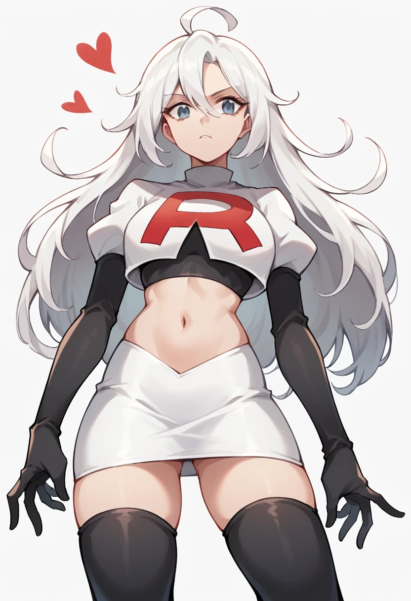 masterpiece, best quality, 1 girl  white hair, long hair,ahoge, team rocket,team rocket uniform,white skirt,red letter R,crop top,black thigh-highs,black elbow gloves