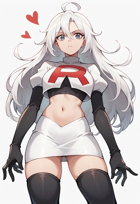 masterpiece, best quality, 1 girl  white hair, long hair,ahoge, team rocket,team rocket uniform,white skirt,red letter R,crop to...