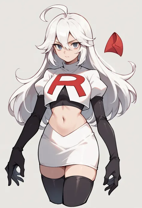 masterpiece, best quality, 1 girl  white hair, long hair,ahoge, team rocket,team rocket uniform,white skirt,red letter R,crop to...