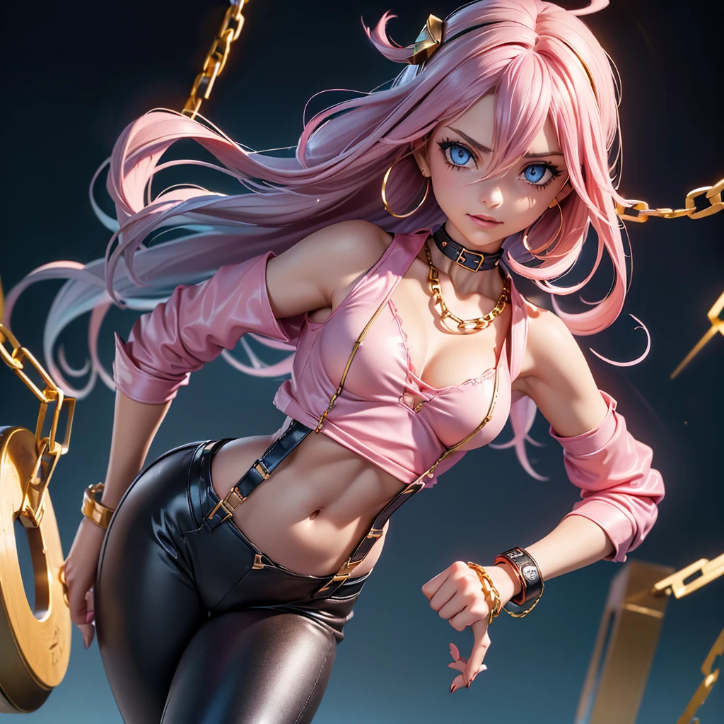 ((1 girl, standing alone , Long, messy hair, hair blue, blue colored eyes, hair covering one eye, Woman, (one hand on the hip) , dynamic pose, muscular female, gold bracelets, ruby earrings)), fitness, ((standing alone)), (pink lipstick), extremely detaild, soft ambient lighting, 4K, perfects eyes, a perfect face, perfect lighting), ((metalhead Woman, Punk Girl, rocker Woman, gazing at viewer, ((pink micro blouse with chains and sensual neckline)),20 year (((well-defined medium breasts))) pretentious smile, mine Open black leather jacket with points and long sleeves with the shoulders showing, open tummy, latex pants marking her small pussy swollen with lust, well designed and well defined,  chains on clothes, suspender style chain belt, high qualiy, 4K, High definition, bom detalhe, medium bust, rocker,))
