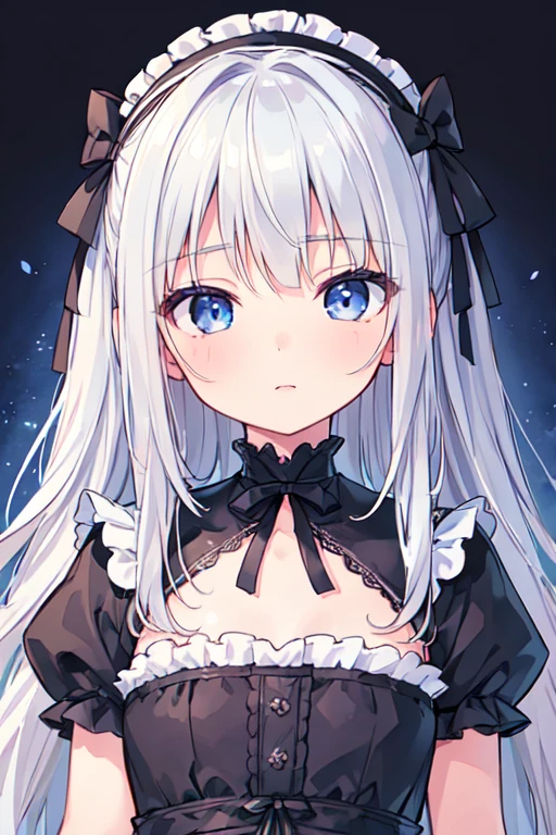 (best quality, masterpiece:1.2), ultra detailed, extremely detailed eyes and face, natural skin texture, detailed skin, natural lighting,
 chibi, 1 girl, 12-years-old, (cute),
 silver hair, middle hair, straight hair, shiny hair,
 blue eyes,
 flat chest,
 gothic lolita,
 upper body,