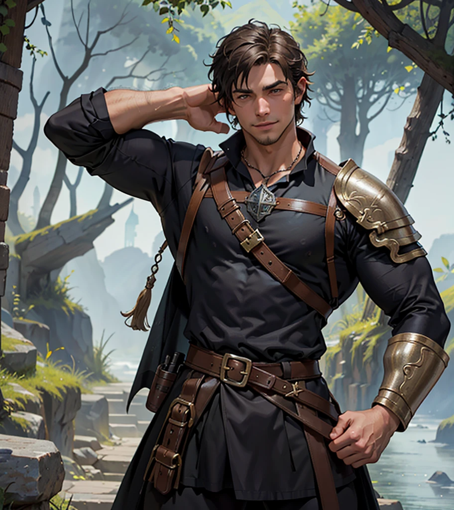 (((Single character image.))) (((1boy))) (((Luxurious hair and sexy smirk.))) (((18 years old.))) (((18yo.))) (((Dressed in medieval fantasy attire with pirate themes.))) (((Great abs.  Great pecs.  Great crotch.))) (((Dressed in medieval fantasy attire.))) (((Intense, sexy stare.))) (((Beautiful shoulder length dark hair.))) Gorgeous male character with a body that women lust for.  (((Strong sexual appeal.))) Looks like a fun-loving and heroic male adventurer for Dungeons & Dragons. Looks like a very attractive male adventurer for a high fantasy setting. Looks like a hot boyfriend. Looks like a handsome and rugged male adventurer for Dungeons & Dragons. Looks like a handsome male for a medieval fantasy setting. Looks like a Dungeons & Dragons adventurer, very cool and masculine hair style, black clothing, handsome, charming smile, adventurer, athletic build, excellent physique, confident, gorgeous face, gorgeous body,  detailed and intricate, fantasy setting,fantasy art, dungeons & dragons, fantasy adventurer, fantasy NPC, attractive male in his mid 20's, ultra detailed, epic masterpiece, ultra detailed, intricate details, digital art, unreal engine, 8k, ultra HD, centered image award winning, fantasy art concept, digital art, centered image, flirting with viewer, best quality:1.0,hyperealistic:1.0,photorealistic:1.0,madly detailed CG unity 8k wallpaper:1.0,masterpiece:1.3,madly detailed photo:1.2, hyper-realistic lifelike texture:1.4, picture-perfect:1.0,8k, HQ,best quality:1.0,