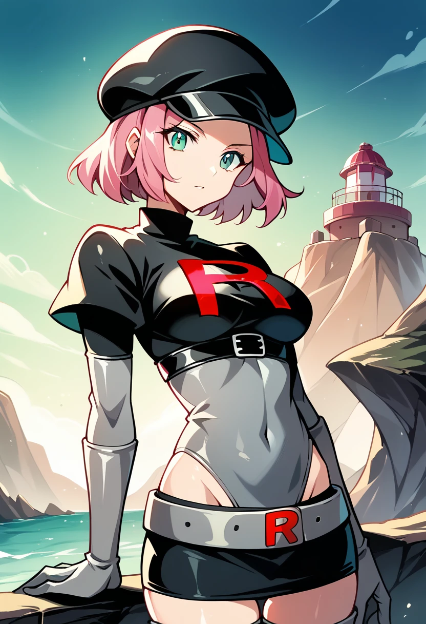 ((masterpiece)),(best quality),official art,extremely detailed CG,unity 8k wallpaper,ultra detailed,A lighthouse on a cliff by the sea,1girl,solo,upper body,(portrait:1.2),looking at viewer,belt,black headwear,grey gloves,green eyes,covered navel,cabbie hat,black hat,pink hair,clothes writing,short hair,short dress,black dress,pokemon (game),pokemon lgpe,team rocket,team rocket grunt,team rocket uniform,medium breasts,aqua eyes,grey thighhighs,thigh boots,