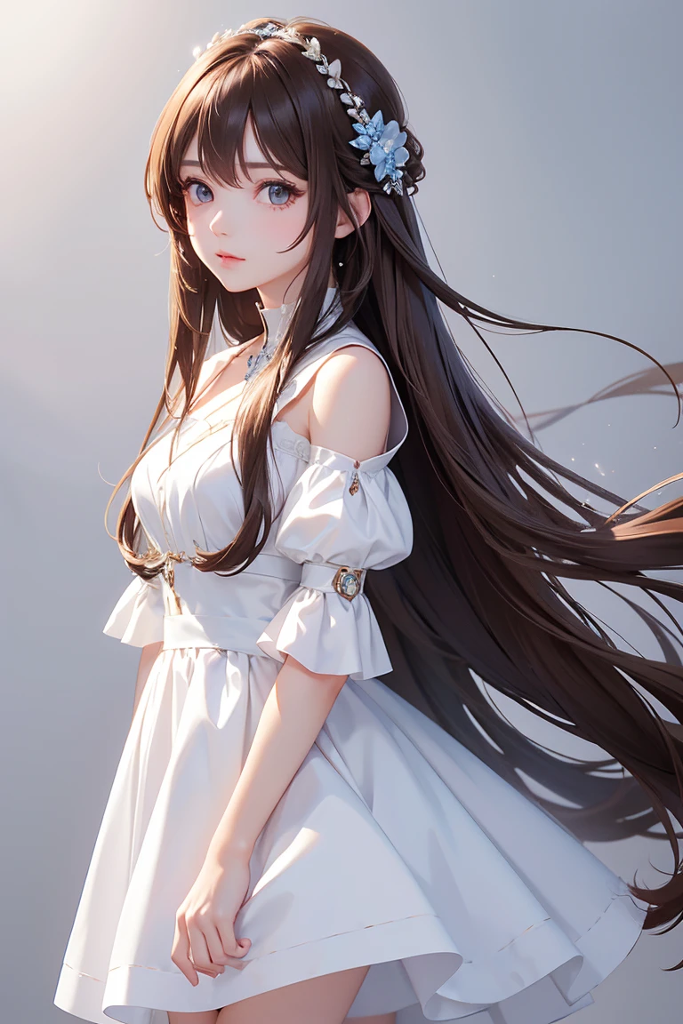 Masterpiece, Best quality, 1 Female,l, young girl, brown eyes, long hair, smoky mix brown color hair, resolute eyes, white and blue dress, long white eardrop, morden, frontal photo, blank background, remove background, anime, illustration