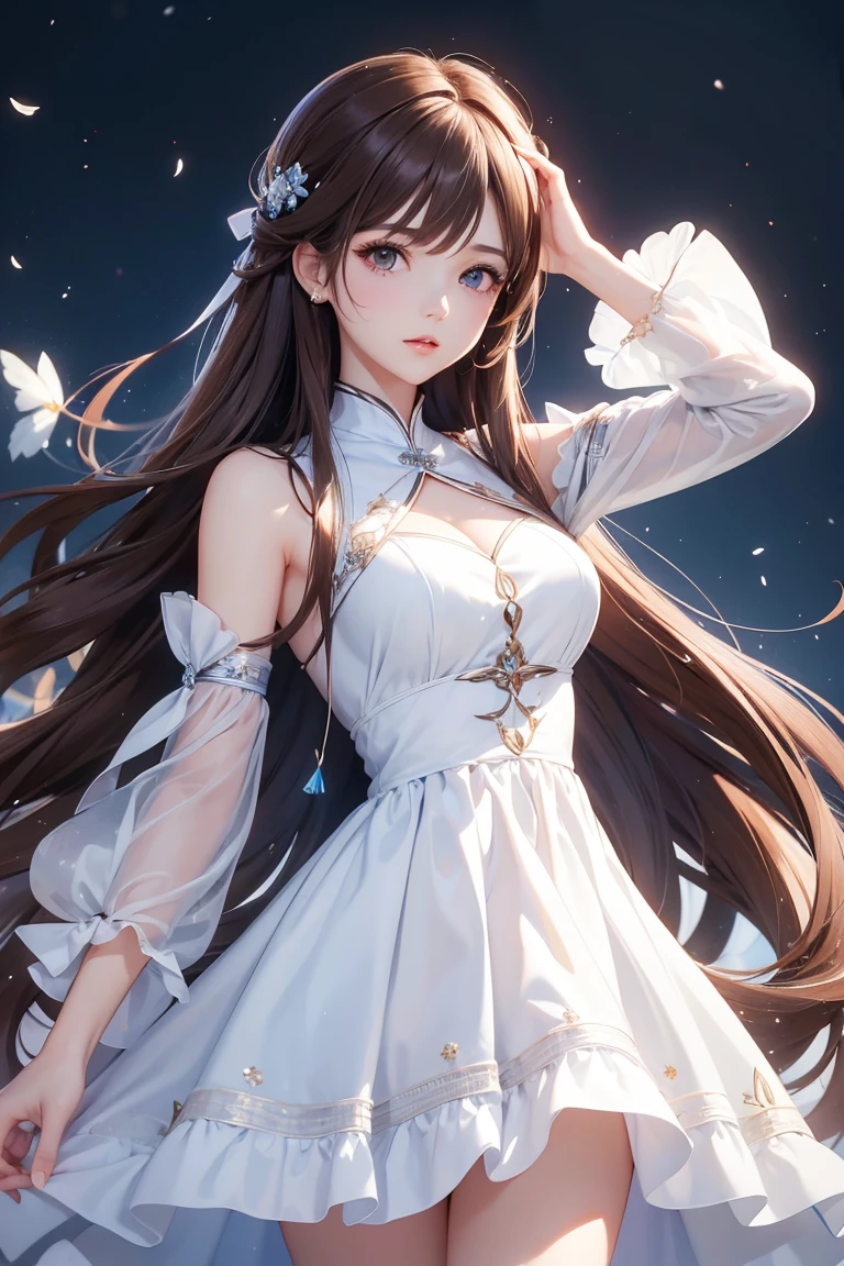 Masterpiece, Best quality, 1 Female,l, young girl, brown eyes, long hair, smoky mix brown color hair, resolute eyes, white and blue dress, long white eardrop, morden, frontal photo, blank background, remove background, anime, illustration