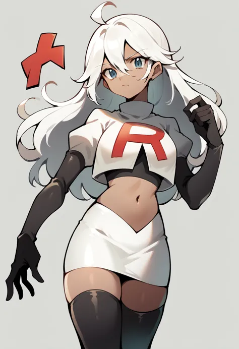 masterpiece, best quality, 1 girl  white hair, long hair,ahoge, team rocket,team rocket uniform,white skirt,red letter R,crop to...