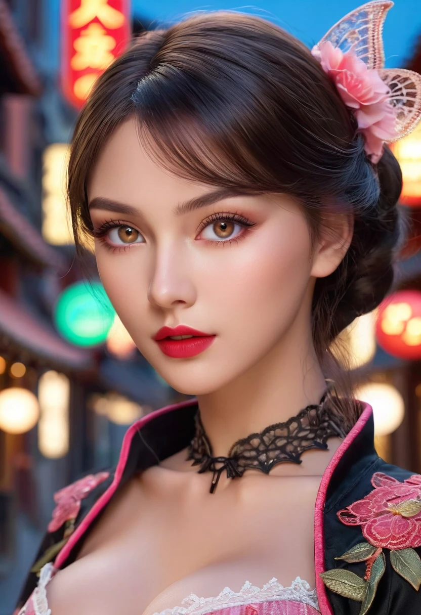 Divide Ratio : 1,1,1 Base Ratio: (masterpiece: 1.3 ), (high resolution photorealistic Realism 16K Quality): (ultra_detailed, UHD:1.2), Extremely detail CG unity 8k wallpaper, depth of field, Fujicolor, (best quality), Fantasy, Artistic, A delicate fairy with mature features, puffy lips, ((the most absurd quality perfect eyes:1.3)), (super detail beautiful slim and sharp-face), (light pale complexion), ((Insanely detailed clear and sharp non blurry perfect round realistic brown_eyes:1.4)), Detailed lips:1.3, a (girl 22-year-old),fashion supermodel,(best high quality real texture skin:1.4),(ebony skin female),(best quality texture hair:1.4),BREAK,((black hair (slicked to the side) Intricately detailed:1.3)),night((outside,in the Chinatown at night:1.3)),(best high quality:1.4),(soft neon lighting on the face and body),(perfect proportions),(anatomically correct),(perfect female body:1.4),(firm big full breasts:1.4),slim face,beautiful cheekbones,((slim,swell-muscled body:1.3)),(Insanely beautiful face),(realistic face),(Insanely detailed face),((super realistic sharp-eyes)), (tired and sleepy and satisfied:0.0), perfect round eyes, finely detailed pupils, ((long legs)), detailed lips:1.3,(pink_makeup:1.15),(red_lipstick:1.1),(perfect dark_eyeshadows:1.3),(Insanely detailed makeup on eyes:1.3), iridescent eyes, with professional makeup, vibrant eyes:1.2, (Detailed nose:1.2),BREAK,((Insanely detailed BLACK((cut jacket cute)) wear:1.24)),dynamic pose,(long white-black lace dress((lace-up dress with Intricately detailed:1.44))),(random u%u top:1.25),exquisite balance of shadows,perfect composition,look at the viewer, ((show high exposed thighs:1.3)), Hasselblad, 85mm f/4.0, ((cowboy shot:1.4)), 