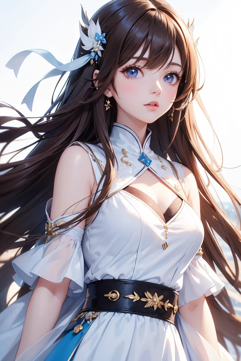 Masterpiece, Best quality, 1 Female,l, young girl, brown eyes, long hair, smoky mix brown color hair, resolute eyes, white and blue dress, long white eardrop, morden, frontal photo, blank background, remove background, anime, illustration