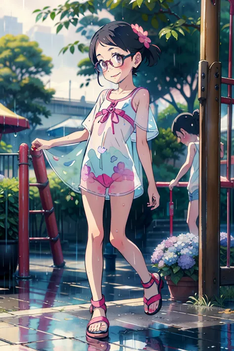 (high quality)，Four Girls，10 years old，Baby Face，Very short stature，very small flat chest，Very flat chest，Very thin limbs，Jojo Fashion，Glasses，Sandals，Rainy season park，(Playground equipment in the park)，smile，blush，At dusk，rainy season， Wet, see-through clothes，Hydrangea flower，bright，bright色，watercolor, Ghibli style，