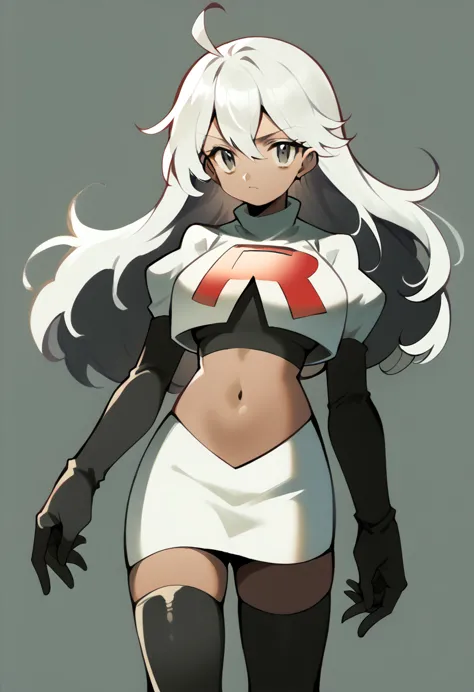 masterpiece, best quality, 1 girl  white hair, long hair,ahoge, team rocket,team rocket uniform,white skirt,red letter R,crop to...