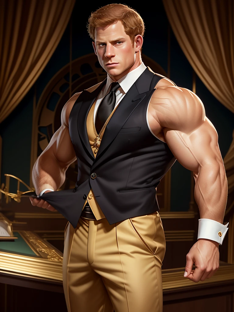 lustration in Leyendecker style : Muscular and pumped-up Prince Harry as James Bond , Agent 007, in an expensive suit