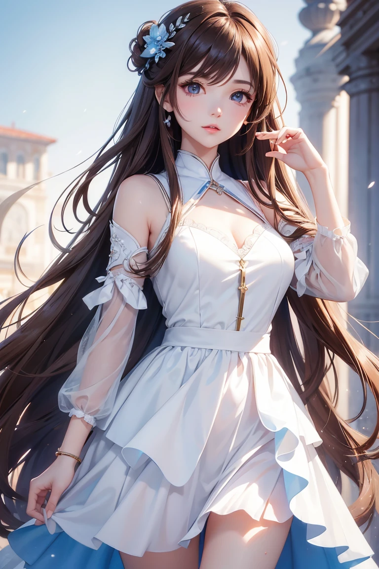 Masterpiece, Best quality, 1 Female,l, young girl, brown eyes color, long hair, smoky mix brown color hair, resolute eyes, white and blue dress, long white eardrop, morden, frontal photo, blank background, remove background, anime, illustration