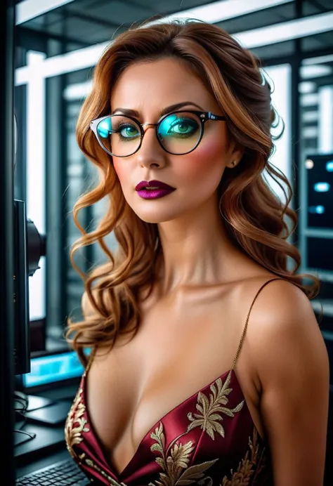 a facial portrait of a spy using glasses to take pictures in a computer labratory, an elegant, exquisite beautiful female spy, d...