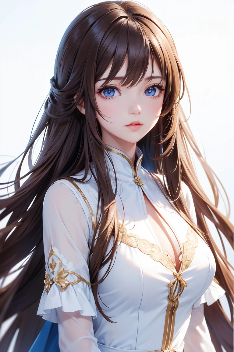 Masterpiece, Best quality, 1 Female, young girl, brown eyes color, long hair, smoky mix brown color hair, resolute eyes, white and blue dress, long white eardrop, morden, frontal photo, blank background, remove background, anime, illustration