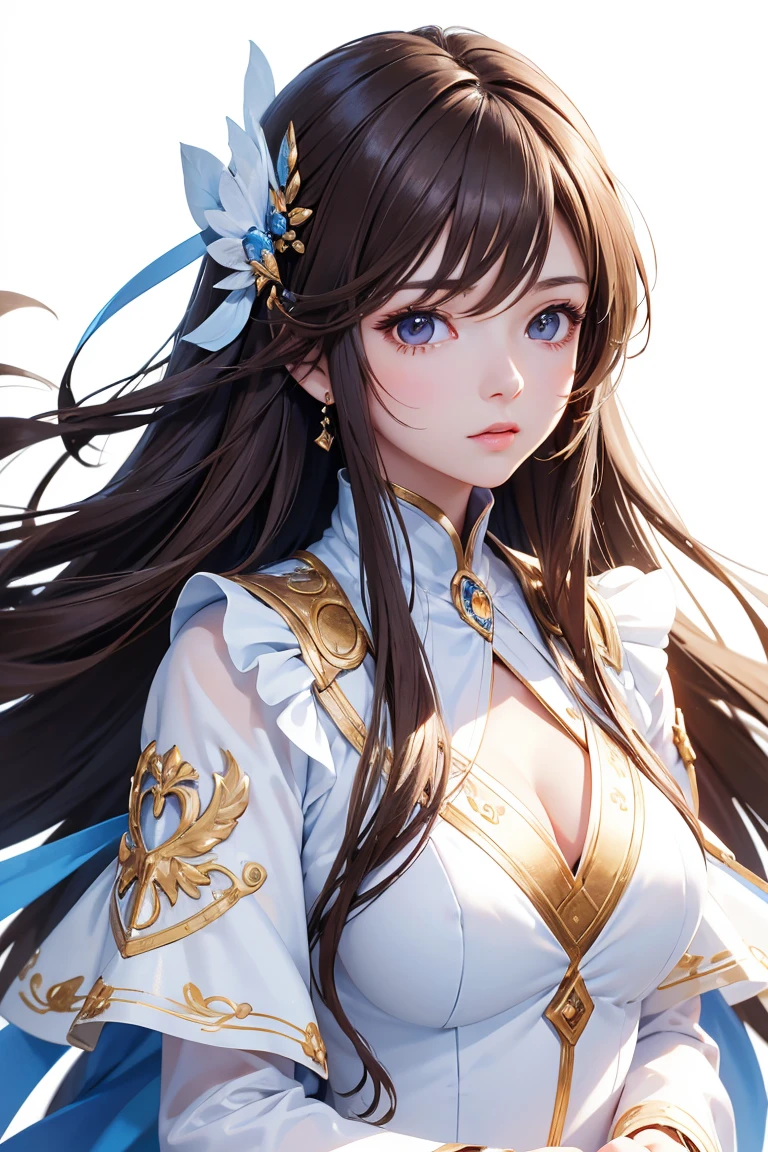 Masterpiece, Best quality, 1 Female, young girl, brown eyes color, long hair, smoky mix brown color hair, resolute eyes, white and blue dress, long white eardrop, morden, frontal photo, blank background, remove background, anime, illustration