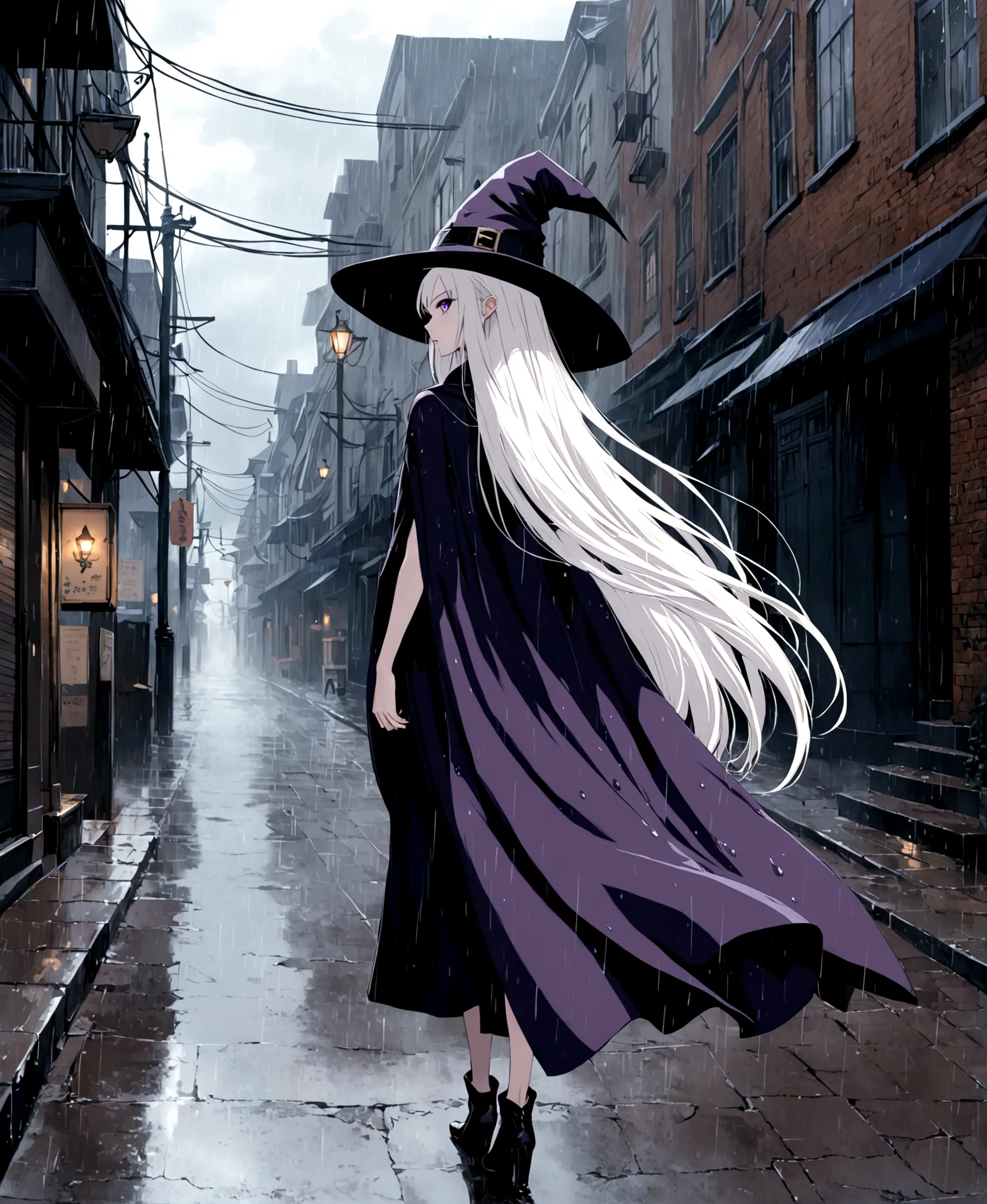 Witch, albino, violet eyes, streets, after rain, walking, backwards, focus on back, long hair, wiry eyes, slender body, small breasts, small hips, small waist, shapely legs, long skirt, cape, cap, cap, serious, aggressive,