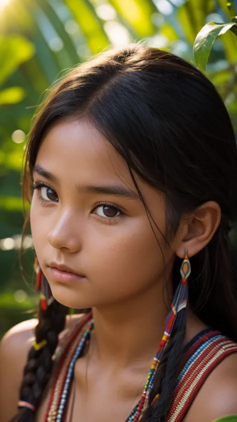 Native american young girl, photo realistic, sharp focus, evening sunshine, jungle,  close-up, 