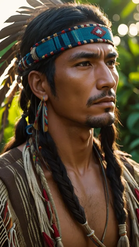 Native american man, photo realistic, sharp focus, evening sunshine, jungle,  close-up, 