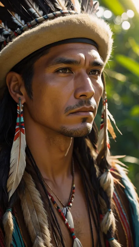 Native american man, photo realistic, sharp focus, evening sunshine, jungle,  close-up, 