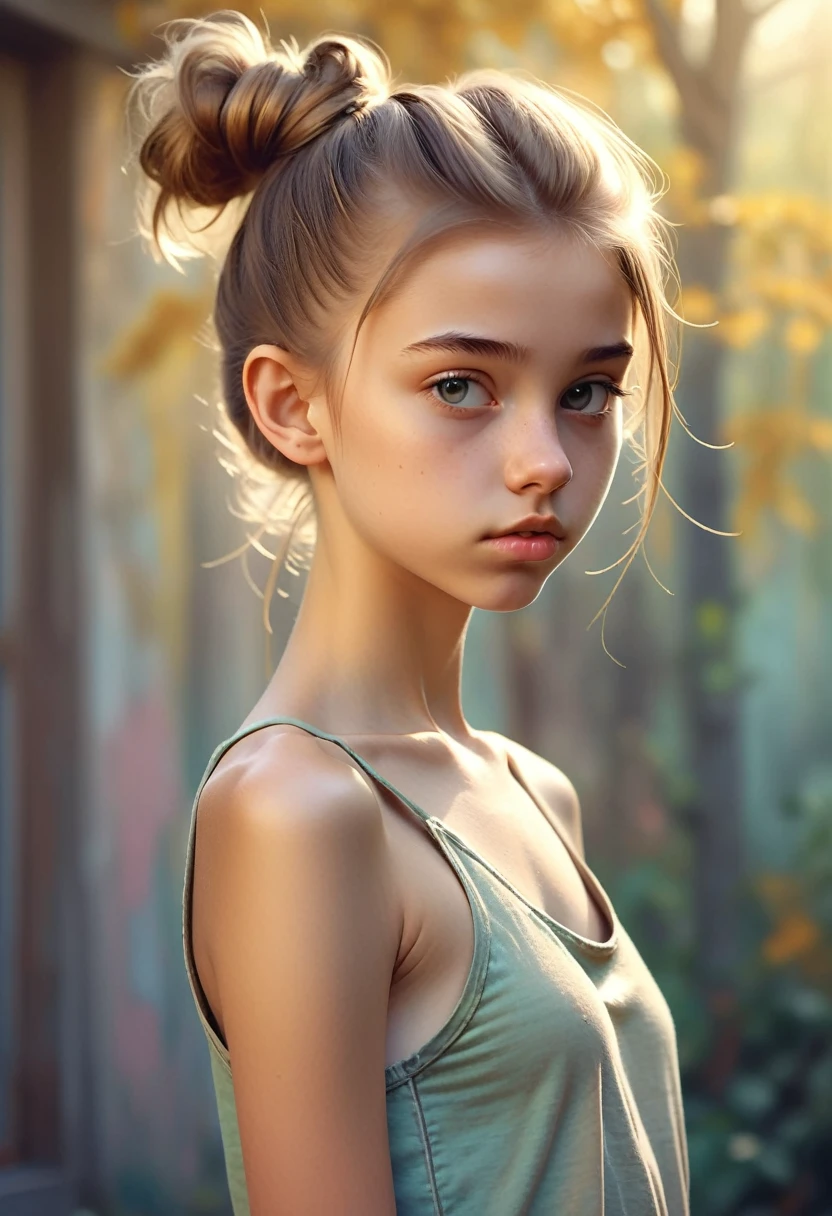 (Cinematic photo: 1.3) From (really: 1.3), (comfortable: 1.3) Beautiful 12 year old girl, (difficult messy bun of light brown hair), высокодеталFromированная текстура кожи, skinny shoulders, realistic texture кожи, looks straight into the camera, (looks at the viewer), pout, pastel, Shine, Dramatic, Dreamy, pastelный цветочный сад, Thin, skinny, gentle, Высокая деталFromация, difficult, digital painting, Fantasy theme,skinny , bare belly, Fantasy concept art , Fantasy Characters, Beautiful teenage girl, Perfect body, highly detailed full-length shot, Dreamy, pastel, watercolor, strange, gentle, highly detailed texture, realistic texture, digital painting, высокодеталFromированная фотография (art deco: 1.3), (ФотореалFromм: 1.3), (Классический реалFromм: 1.3), (Fujifilm Superia: 1.3), Natural, golden hour light