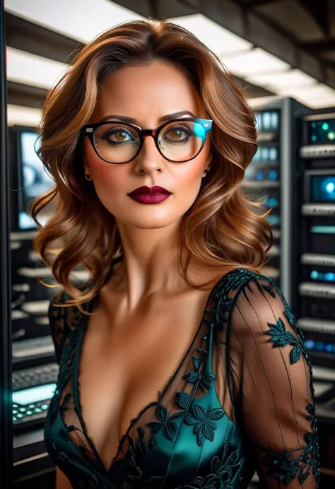 a facial portrait of a spy using glasses to take pictures working on a secret computer labratory, an elegant, exquisite beautifu...