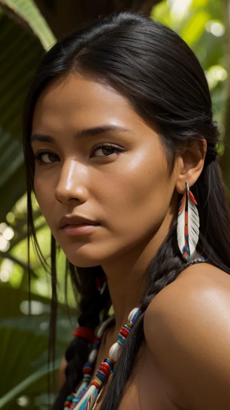 Native american woman, photo realistic, sharp focus, evening sunshine, jungle,  close-up, 