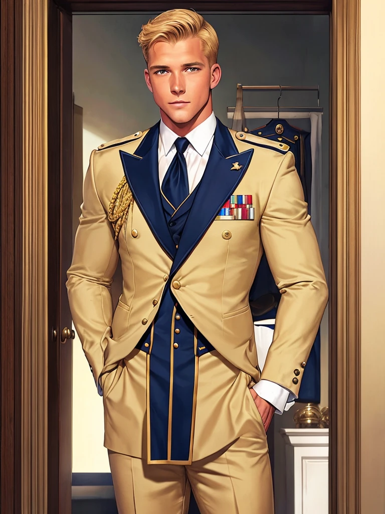 Leyendecker style illustration : A handsome blond guy, 17 years old, looks at the ceremonial officer's uniform of a "Navy Seal" with awards, which hangs on a suit hanger standing on the floor, and engages in masturbation. Watching him from behind is a naked, blond, muscular Navy SEAL officer, 35 years old, handsome and arrogant. The officer has a big dick, an erection, and a boner.