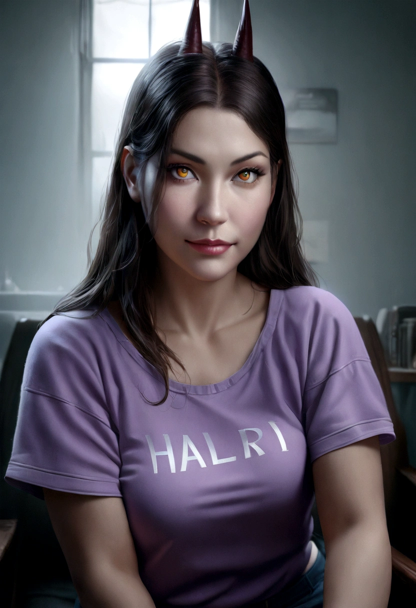 1 girl, smiling, wearing oversized purple shirt reaching mid-thigh, text "H a r l" written on shirt, bold gaze, (best quality,4k,8k,highres,masterpiece:1.2),(realistic,photorealistic,photo-realistic:1.37),beautiful detailed eyes,beautiful detailed lips,detailed eyes and face,longeyelashes,portrait,vibrant color,.