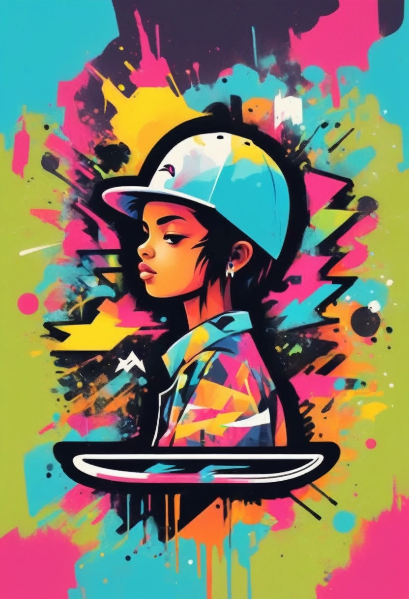 Crea una obra de arte de estilo streetwear para la parte posterior de una camiseta, con influencias del arte del graffiti. incluir colores vibrantes, trazos atrevidos, y elementos inspirados en el skateboarding y la cultura hip-hop. El diseño debe ser audaz y moderno, con tipografía urbana e íconos gráficos que representen la energía de la calle.