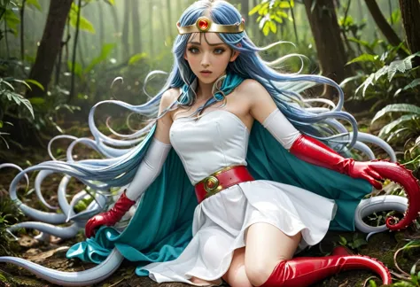 (best quality), (masterpiece), high res, all detailed, dqsage, long blue hair, red eyes, circlet, [aqua cape], white dress, stra...