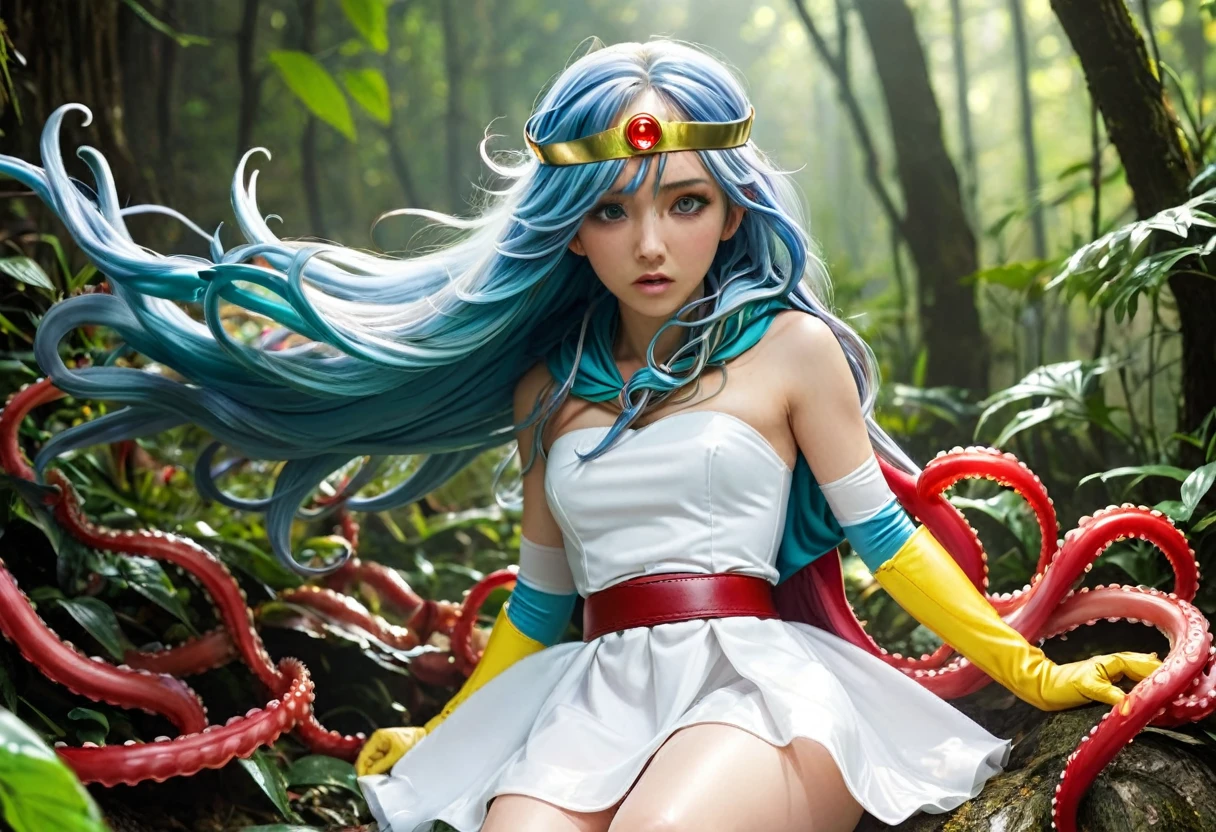 (best quality), (masterpiece), high res, all detailed, DQSage, long blue hair, red eyes, circlet, [aqua cape], white dress, strapless, belt, elbow gloves, yellow gloves, yellow boots, medium cleavage, (white underwear, panties aside, torn clothes:1.2), BREAK (NSFW), solo, 1girl, (sitting, knees to chest), arms behind head, (tentacles sex, vaginal, extend tentacles:1.15), (rape, extend tentacles, restrained:1.2), (one eye closed, crying, tears:1.2), drooling, saliva trail, sigh, blush, sweat, (forest, tentacle-pits), cinematic lighting, diffraction spikes,