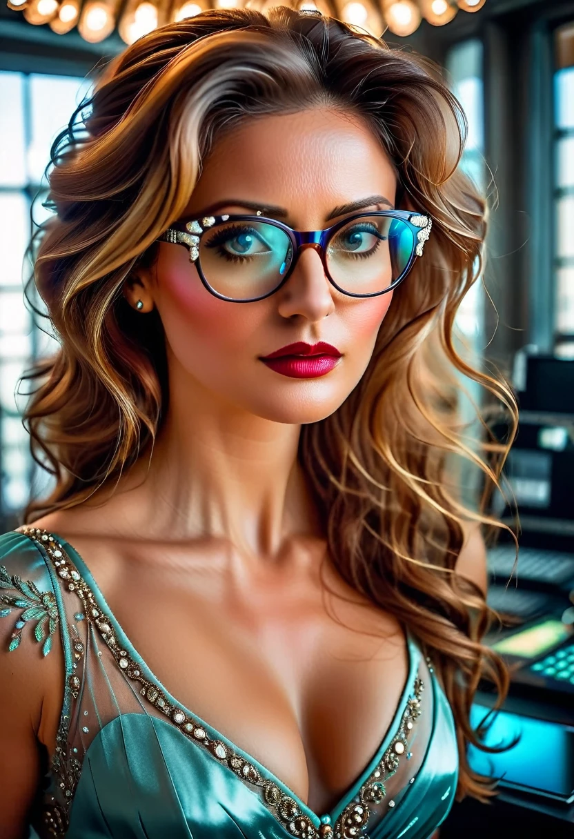 a facial portrait of a spy using glasses to take pictures working on a secret computer labratory, an elegant, exquisite beautiful female spy, dynamic hair color, dynamic hair style, (wearing elegant intricate details glasses: 1.3), dynamic color glasses, dynamic style glasses, ((digital information reflected in the glasses:1.6)), she wears an elegant, intricate detailed dress, silk dress , small cleavage, Vibrant, Ultra-high resolution, High Contrast, masterpiece:1.2, highest quality, Best aesthetics), best details, best quality, highres, ultra wide angle, 16k, [ultra detailed], masterpiece, best quality, (extremely detailed), Genetically modified..., Cinematic Hollywood Film