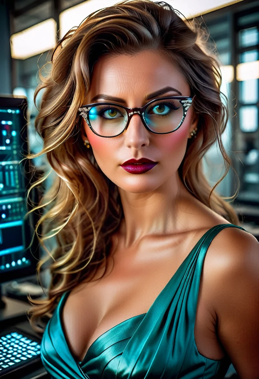 a facial portrait of a spy using glasses to take pictures working on a secret computer labratory, an elegant, exquisite beautiful female spy, dynamic hair color, dynamic hair style, (wearing elegant intricate details glasses: 1.3), dynamic color glasses, dynamic style glasses, ((digital information reflected in the glasses:1.6)), she wears an elegant, intricate detailed dress, silk dress , small cleavage, Vibrant, Ultra-high resolution, High Contrast, masterpiece:1.2, highest quality, Best aesthetics), best details, best quality, highres, ultra wide angle, 16k, [ultra detailed], masterpiece, best quality, (extremely detailed), Genetically modified..., Cinematic Hollywood Film