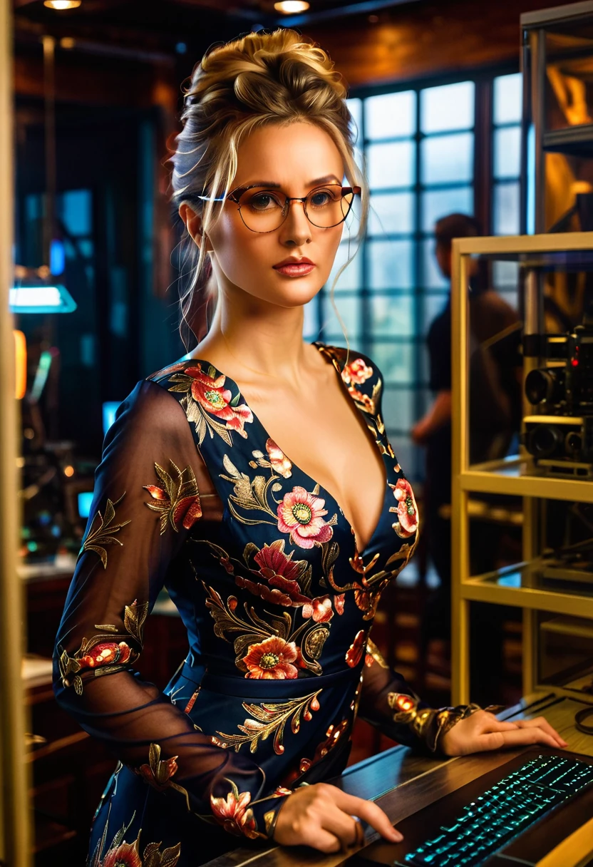 a facial portrait of a spy using glasses to take pictures working on a secret computer labratory, an elegant, exquisite beautiful female spy, dynamic hair color, dynamic hair style, (wearing elegant intricate details glasses: 1.3), dynamic color glasses, dynamic style glasses, ((digital information reflected in the glasses:1.6)), she wears an elegant, intricate detailed dress, silk dress , small cleavage, Vibrant, Ultra-high resolution, High Contrast, masterpiece:1.2, highest quality, Best aesthetics), best details, best quality, highres, ultra wide angle, 16k, [ultra detailed], masterpiece, best quality, (extremely detailed), Genetically modified..., Cinematic Hollywood Film