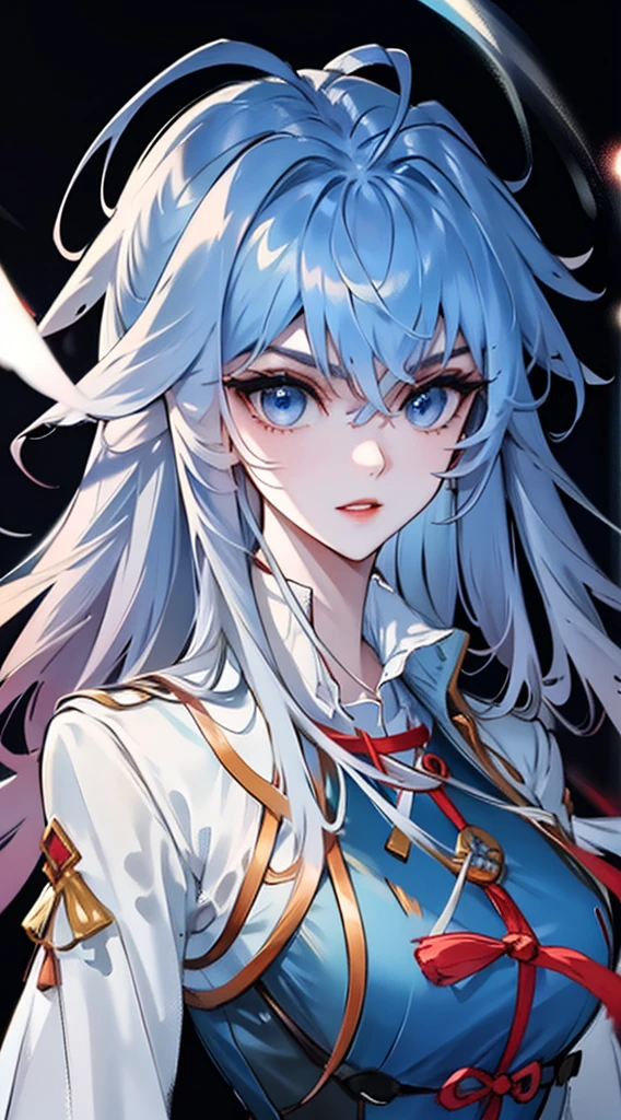 Masterpiece, Best quality, 1 Tang Wu Tong, the expression is cold, strong, blue eyes, long hair, smoky mix blue color hair, resolute eyes, red lips, simple Taoist Taoist uniform, Chinese mix morden, frontal photo, black or white background, simple background, anime, illustration, hafl body