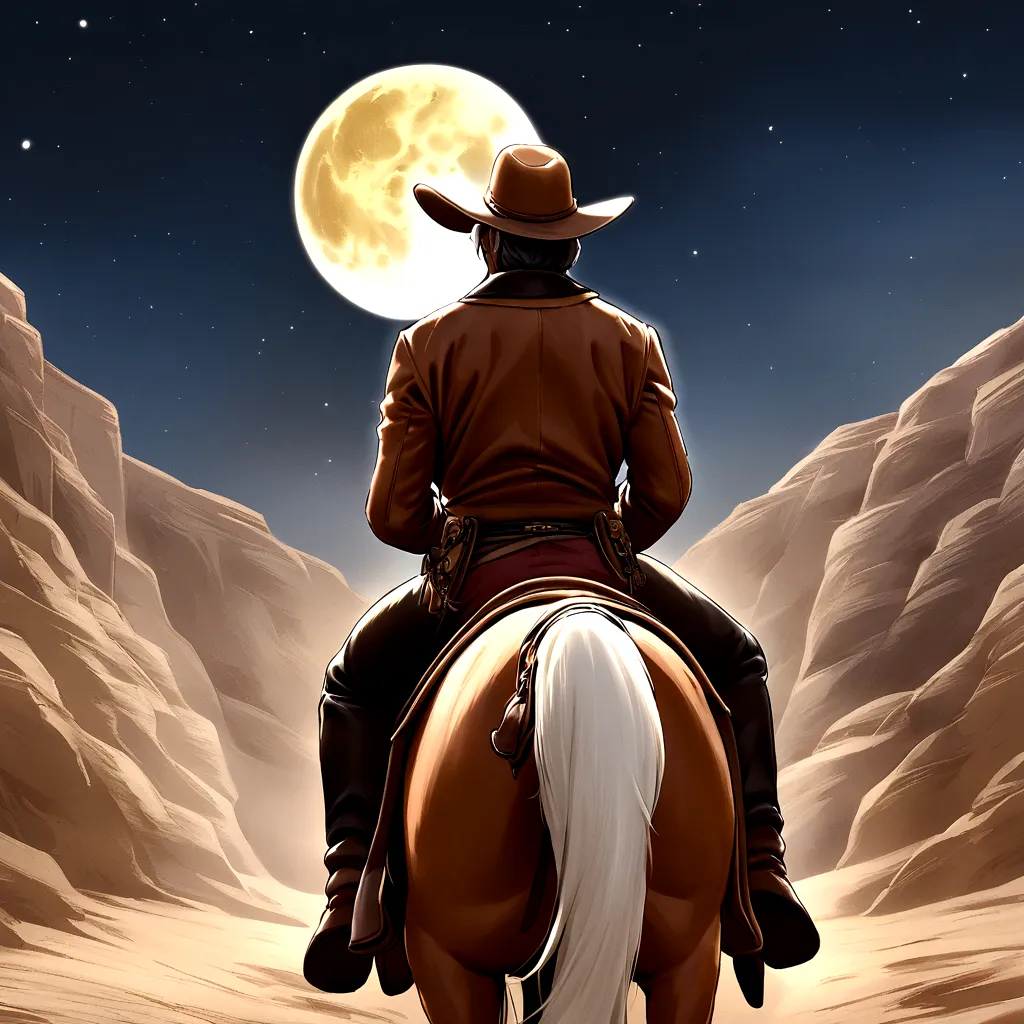 a man on a horse in front of a full moon., riding on the moon, cowboy, cowboy на стрип, back photo of a cowboy, no the old west,...