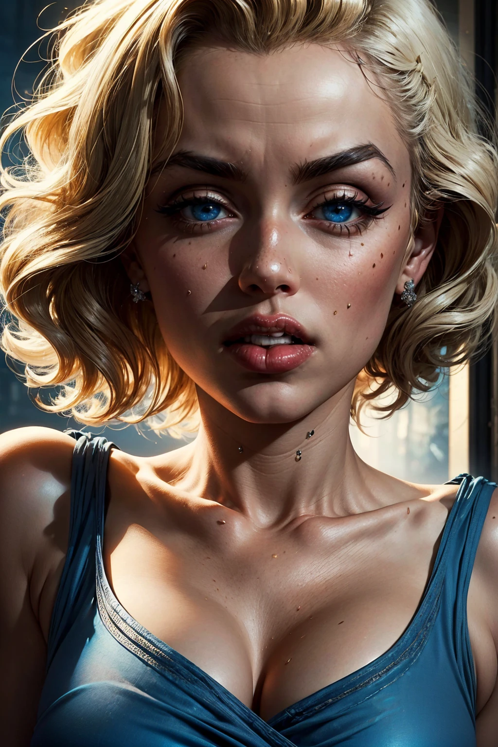 1 Marilyn Monroe, extremely beautiful blonde. Extremely slender, big bright blue eyes, wearing See-through silhouette shirt falling down showing shoulders, symmetrical body, sensualizing, pouting with orgasmic expression, highly arousing, high quality 32k, UHD, hyper-realistic, cinematic, dynamic close-up above.