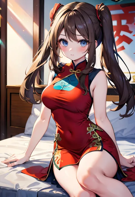 Brunette，blue eyes，Double tail，Long hair，blush，Xiaoyao（Pokemon）Large Breasts，Red cheongsam，Chinatown