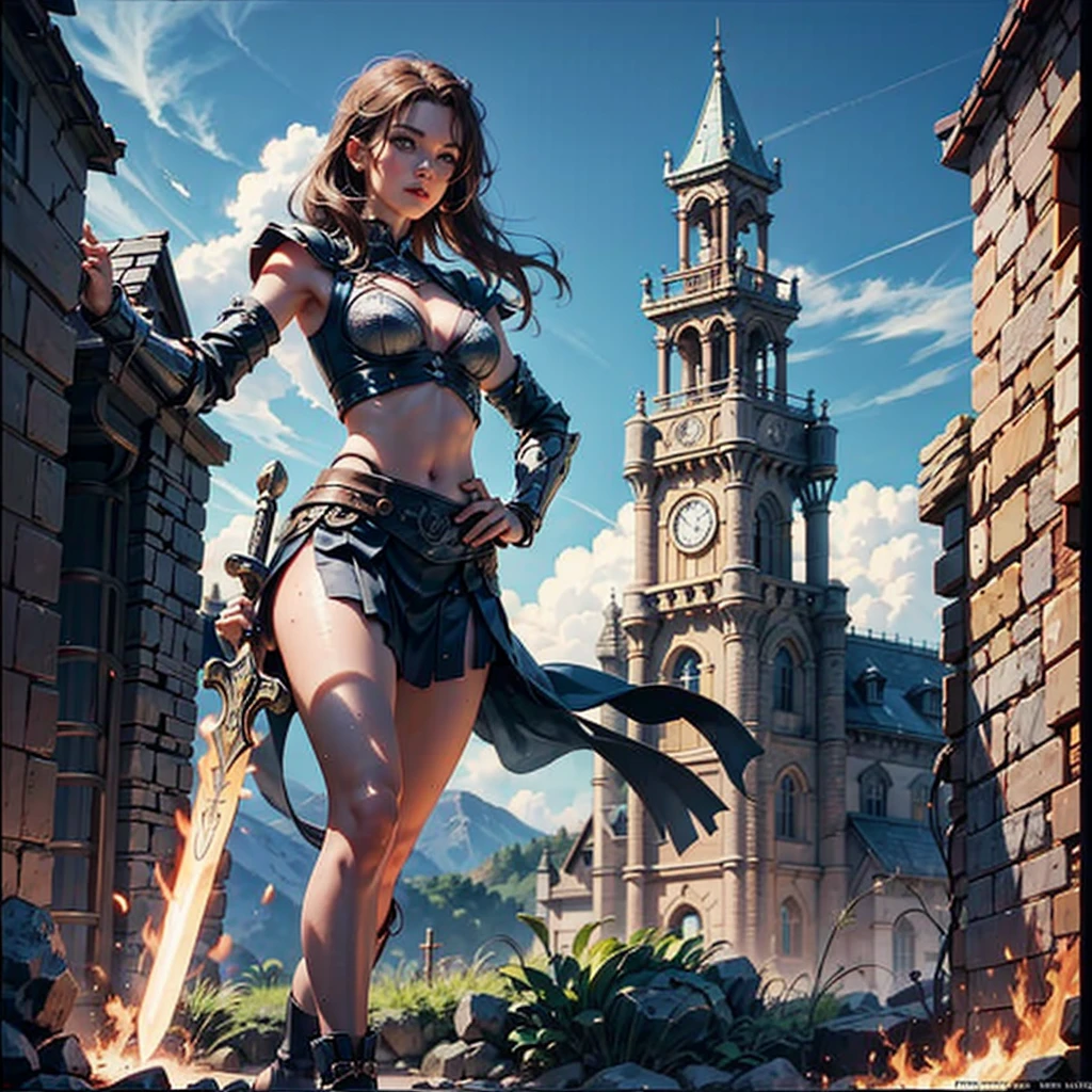 (masterpiece), Best quality, expressive eyes, perfect face, ((Woman Warrior Poster)), ((red sonja warrior in fighting pose)), ((Poster includes army battles in the background)), 8 k, blood on the skin, mandala tattoos, whole body , dark cloudy sky with lightning, ((dynamic poster)), ((full moon)), ((Movie poster)), plump military woman in combat stance, soft play of light and shadow, War scene, woman war variety of small details in the background, random, hyper detailed, trending at artstation, complex parts, very detailed, metal bootи на высоком каблуке, high heel boots, laughs evilly, slight ironic smile. digital painting, Perfect result, HDR, illustration, very clear image, evocative, startling, fluorescent light, side perspective, perfect face, Foreground of perfect face, female warrior, sword in left hand, Small clothes, steel bracelet, silver bracelet, bronze belt, woman with very long hair, driven by the wind, night light, cloudy sky, dark clouds with lightning, mountain, castle embedded in the mountain rock, waterfall, leaving the castle, Handsome warrior, skin wet with sweat, flushed and panting face, A provocative look, Full female body, wet skin, stormy skies, Floating antique clock, lamp, flashlight, tattoos of mandalas and flowers on the body, majestic, A sense of depth (athletic build: 1.5), emerald eyes ( bright: 1.5), Brown hair (bright: 1.5), uhd, HDR, cinematic image, complex parts, ultrarealism, viridian tones, medieval castle embedded in the mountain, full moon, (fractal art: 1.3), Colorful , Metallic colors, enamel colors, NFV, run and dodge, fighting pose, Handsome warrior woman in combat, Foreground, girl from the war front, fighting expression, Finely drawn hands; by Artgerm, Full female body centered on the scene, dark clouds and lightning, fairy lights, magic particles, ((Woman warrior)), metal boot