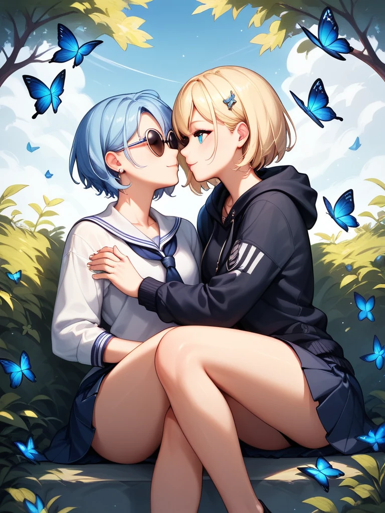 Illustration of a character with white hair, blue eyes, and wearing round sunglasses. They are dressed in a dark outfit, surrounded by blue and black butterflies under a light rain. The character is sitting with one arm resting on their knee and the other hand touching the ground.