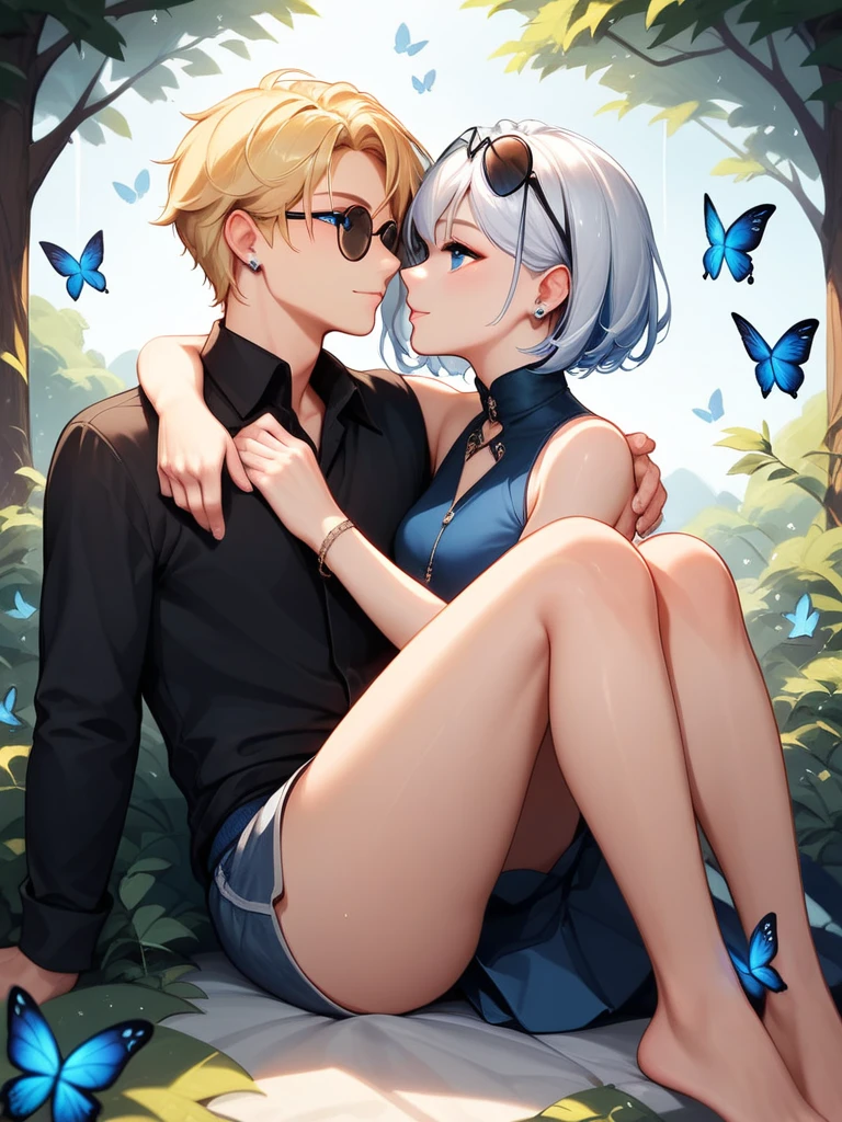 Illustration of a character with white hair, blue eyes, and wearing round sunglasses. They are dressed in a dark outfit, surrounded by blue and black butterflies under a light rain. The character is sitting with one arm resting on their knee and the other hand touching the ground.